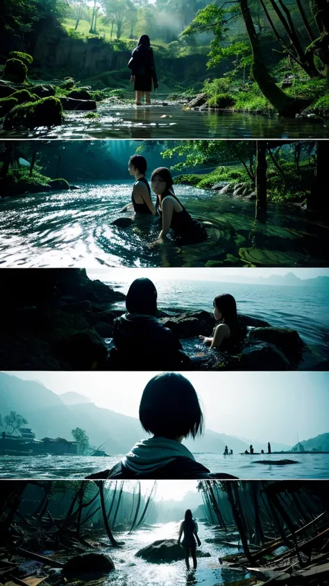 In the water,moss,Showa,Collapse,Devastation,Inside the ruins,Glasses,Women,adventure,Black and White,