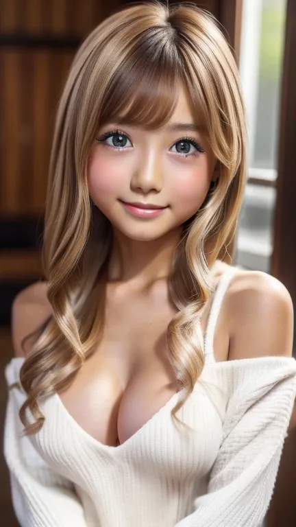 (RAW Photos,Realistic, Photorealistic: 1.4, masterpiece, highest quality), 8k, 1. Beautiful Japanese Women, alone, 12years old, Cute Smile, Large Breasts, Beautifully detailed round eyes, Droopy Eyes 1.4, Blonde Hair,, (Highly detailed face and skin textur...