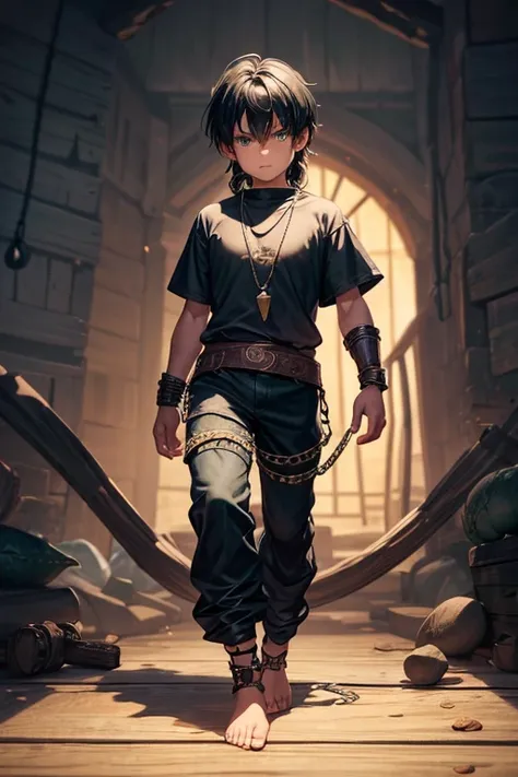 5 year old boy looks like a medieval viking slave green eyes black hair with a wooden amulet in the shape of a dragon on a background thin build worn clothes torn t-shirt and pants chains on hands and feet mine background