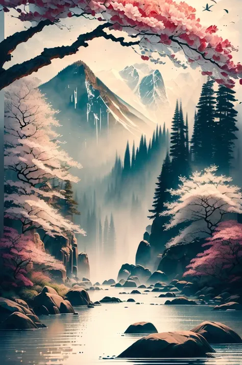 (best quality,4k,8k,highres,masterpiece:1.2),ultra-detailed,(realistic,photorealistic,photo-realistic:1.37),white background,scenery,ink,mountains,waterfall,white cherry trees,crane birds,portraits,vivid colors,sharp focus,stunning lighting