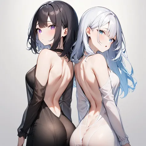 {{2girls}}, diagonal back to back,masterpiece,best quality,very aesthetic,absurdres,cowboy shot,light color,dark color,light hair,dark hair,White hair,light  blue hair,light  blue eyes,Lovely,translucent hair,dark purple eyes,headless,(black hair,one eyes)...