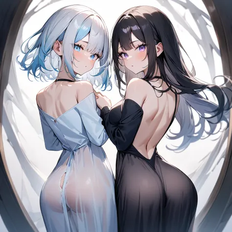 {{2girls}}, diagonal back to back,masterpiece,best quality,very aesthetic,absurdres,cowboy shot,light color,dark color,light hair,dark hair,White hair,light  blue hair,light  blue eyes,Lovely,translucent hair,dark purple eyes,headless,(black hair,one eyes)...