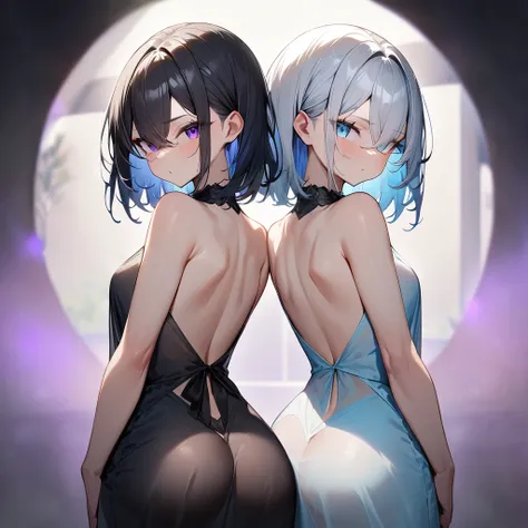 {{2girls}}, diagonal back to back,masterpiece,best quality,very aesthetic,absurdres,cowboy shot,light color,dark color,light hair,dark hair,White hair,light  blue hair,light  blue eyes,Lovely,translucent hair,dark purple eyes,headless,(black hair,one eyes)...