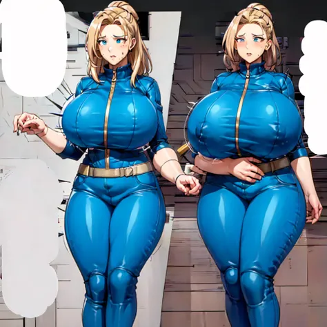 Vault-girl, vault 111 jumpsuit, 1girl, bursting breasts, breast expansion, massive heavy breasts, crossed arms, vibrant blue eyes, blushing, long blonde hair, hips expansion, ass expansion, weight gain, shes stress eating, shes worried about how large her ...