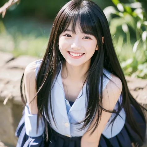 Black-haired Korean idol girl with bangs smiling in photo shoot 