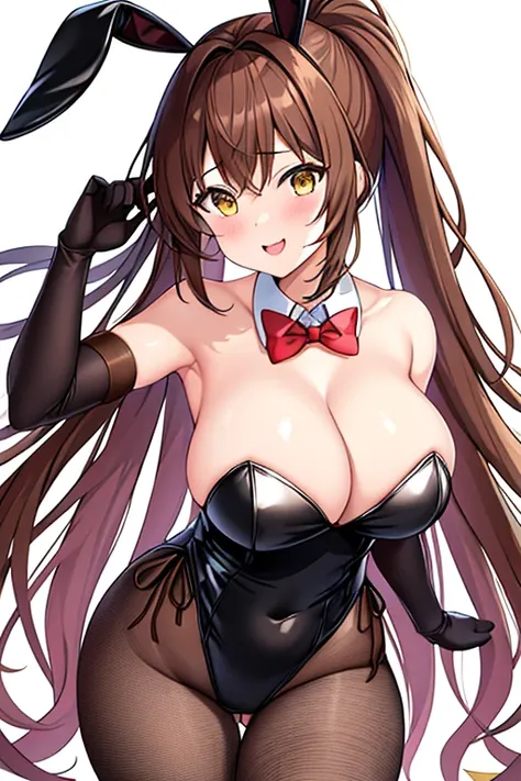 1girl, bunny ears, rabbit ears, large breasts, thick thighs, tall, tall female, toned, athletic, black leotard, bunnysuit, leotard, brown hair, short hair, ponytail, yellow eyes, mature female, light smile, cleavage, elbow gloves, fishnet, fishnet pantyhos...