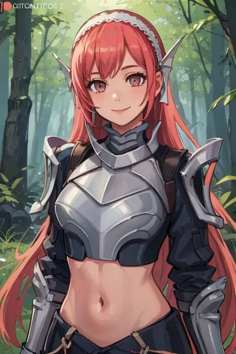 masterpiece, best quality,  cherche_def, gloves, hairband, armor, midriff, navel, crop top, (bare midriff), upper body, looking at viewer, smile, forest, alpine forest, looking at viewer, smile, cowboy shot