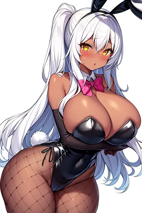 1girl, dark skin, dark-skinned female, bunny ears, rabbit ears, ((huge breasts)), huge breasts, breasts, thick thighs, wide hips, hourglass figure, mature female, white leotard, bunnysuit, leotard, white hair, long hair, golden trim, yellow eyes, gold trim...