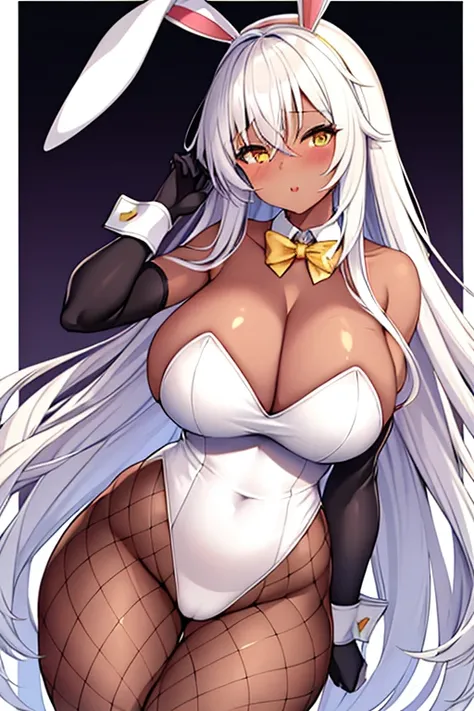 1girl, dark skin, dark-skinned female, bunny ears, rabbit ears, ((huge breasts)), huge breasts, breasts, thick thighs, wide hips, hourglass figure, mature female, white leotard, bunnysuit, leotard, white hair, long hair, golden trim, yellow eyes, gold trim...