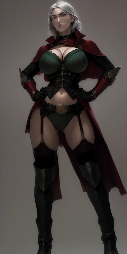 ((Plain background 1:2)) Female full body standing straight symmetrical looking to the viewer RED full body armored (handcuffs, shackles, rerebrace, faulds, poleyn, gauntlets, leather collar choker, gloves, gauntlets, high boots bootstraps, black stockings...