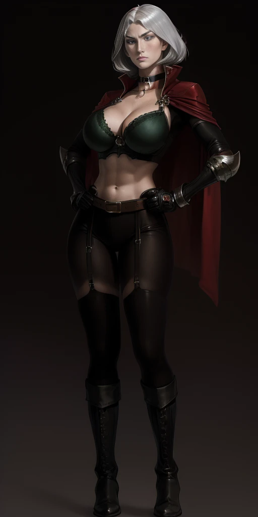 ((Plain background 1:2)) Female full body standing straight symmetrical looking to the viewer RED full body armored (handcuffs, shackles, rerebrace, faulds, poleyn, gauntlets, leather collar choker, gloves, gauntlets, high boots bootstraps, black stockings...