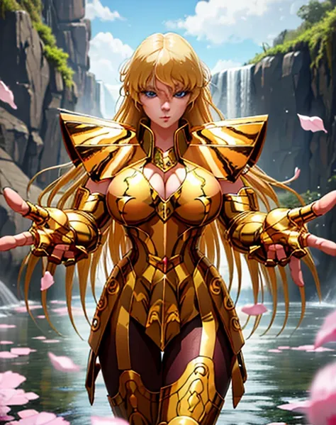 masterpiece, best quality, highres, solo, 1girl aged 23, blue eyes, detailed background,waterfall,armor, outdoor ,(colossal breasts:1.5) ,golden armor,blonde hair,own hands together,petals