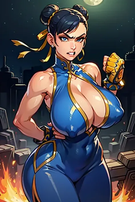 Waifu, masterpiece, curvy, breasts, moon, full moon, gloves, 1girl, clenched teeth, chun-li, cleavage, large breasts, teeth, aqua hair, red gloves, tank top, blue eyes, rating:explicit,rule34, hardcore, ,,clenched hands, punching, night, sky, jumpsuit, pan...