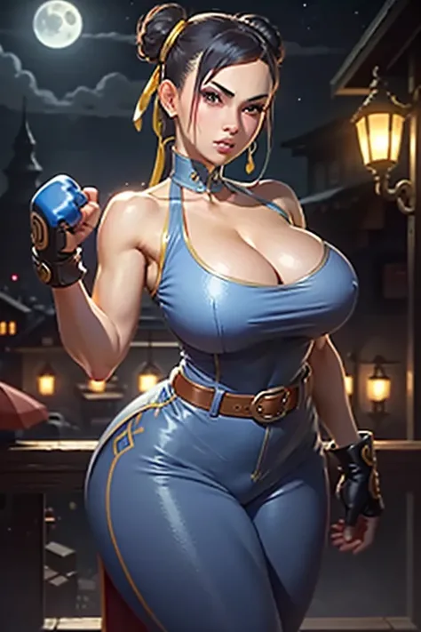 Waifu, masterpiece, curvy, breasts, moon, full moon, gloves, 1girl, clenched teeth, chun-li, cleavage, large breasts, teeth, aqua hair, red gloves, tank top, blue eyes, rating:explicit,rule34, hardcore, ,,clenched hands, punching, night, sky, jumpsuit, pan...