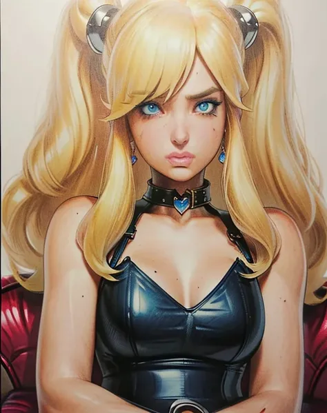 masterpiece, best quality, Princess Peach,(best shadow),1girl,blue eyes, blonde hair, tears, leather collar,steamy,looking at viewer,expressive eyes, marker (medium), traditional media