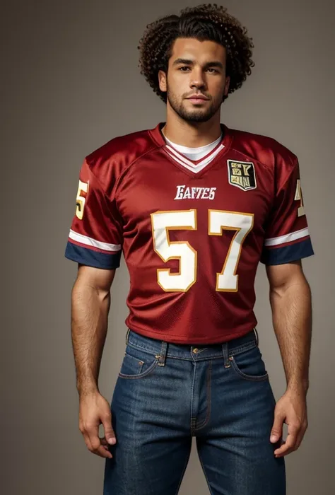 twenty six year old man, short cropped curly sandy hair, barrel-chested and heavy physique, square face, photorealism, high quality, 8k, 90s style, 1990s, red football jersey with the number 57 and jeans, no background