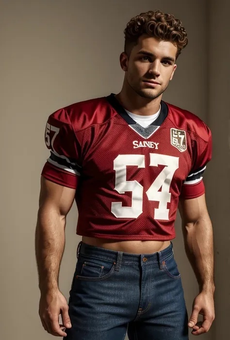 twenty six year old man, short cropped curly sandy hair, barrel-chested and heavy physique, square face, photorealism, high quality, 8k, 90s style, 1990s, red football jersey with the number 57 and jeans, no background