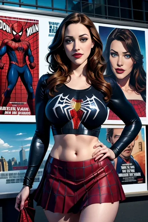 Kat Dennings、マーベルコミックの映画Poster、so beautiful、Movies about Spider-Man、sexy、whole body、Wearing a skirt、Premiere Date、Poster、belly buttonを突き出す、new york、She&#39;s wearing a ripped Spiderman suit、The suit is torn、Wearing a skirt、Red and black color scheme、dynami...