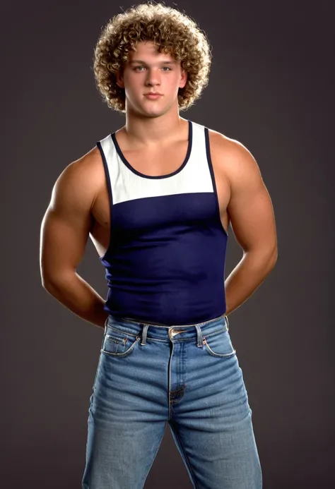 twenty six year old man, curly sandy crewcut hair, barrel-chested physique, square face, body like a football lineman, photorealism, high quality, 8k, 90s style, 1990s, football jersey and jeans, no background