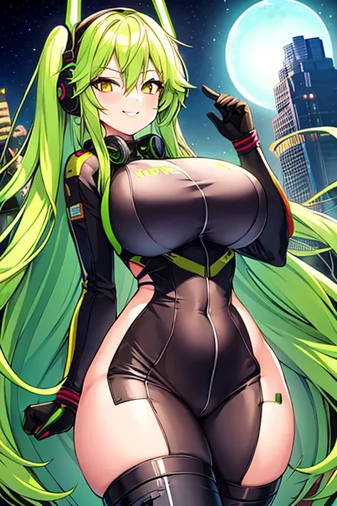 1girl, green hair, smirk, smug, smile, yellow eyes, long hair, headphones, earphones, bodysuit, pilot suit, large breasts, thick thighs, wide hips, breasts, black bodysuit, machinery, science-fiction, tech, neon,