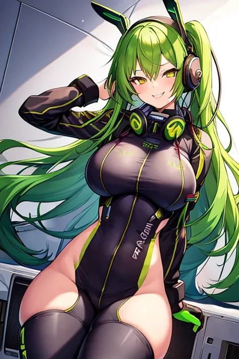 1girl, green hair, smirk, smug, smile, yellow eyes, long hair, headphones, earphones, bodysuit, pilot suit, large breasts, thick thighs, wide hips, breasts, black bodysuit, machinery, science-fiction, tech, neon,