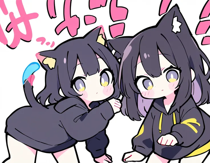 two girls、cute、black hair、cat pose、cat ears black hoodie、(flat color 0.5)、white background、