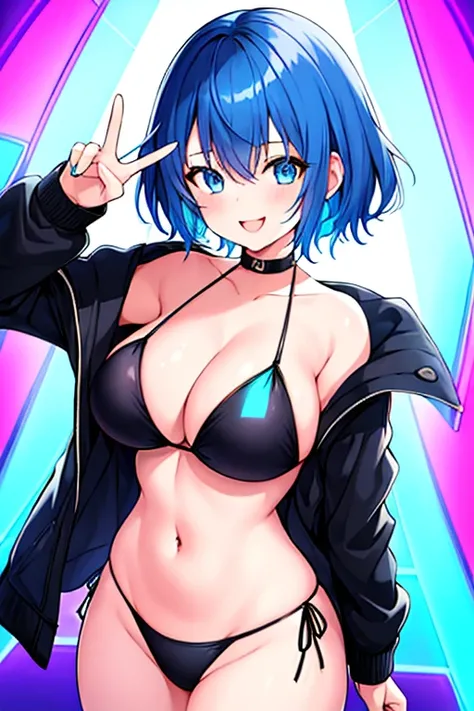 1girl, large breasts, thick thighs, black jacket, jacket, black bikini, bikini, sky blue hair, light blue hair, blue hair, very short hair, pixie cut, blue eyes, light smile, peace sign, double peace, v, double v, neon trim, neon, neon lights, smile, light...