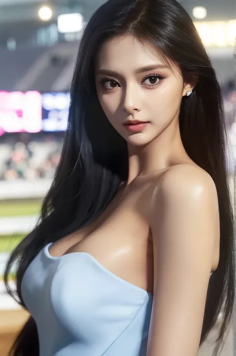 Tzuyu 1, woman, (Realistic), (Hyperrealism), (photoRealistic), Depth of written boundary, eye make up:0.7 (whole body:1.2), (Large Bust),(Tight waist), Watching the audience,In the pits at the racing track, Race Queen, Sexy dress with open shoulders and ne...