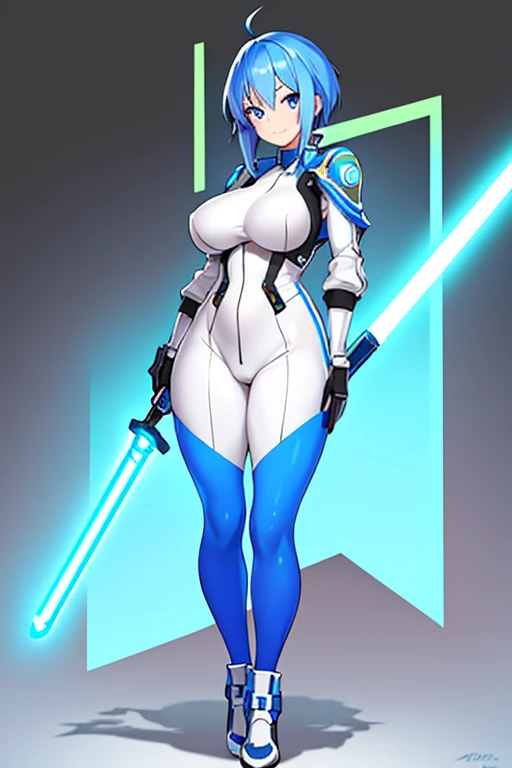 1girl, blue hair, very short hait, blue eyes, light skin, light-skinned female, hourglass figure, large breasts, lightsaber, sword, standing, full body, ((full_body)), pilot suit, bodysuit, white bodysuit, neon, neon trim, neon light, machinery, futuristic...