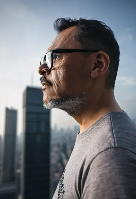 a half-body raw portrait of a man wearing glasses standing on top of a tall building, ultra-realistic, with significant depth of...