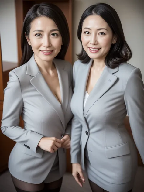 masterpiece, highest quality, (Seductive saleswoman:1), ((Portraiture:1.3)), smile, gray business wear, Hyper detail on skin, Cleans pores，Panoramic View，Stick your butt out, Black Lens Stockings，Beautiful young Japanese MILF, 40 years old, Perfect Face, L...