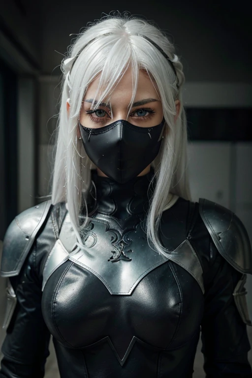 female, White hair, perfect eyes, perfect pupils, expressive eyes, There is a black tint around her eyes, HD, 8K, perfect pupils, She wears a mask,  black leather armor suit, Confident, Superheroine, intricately detailed, insanely detailed faces, best qual...