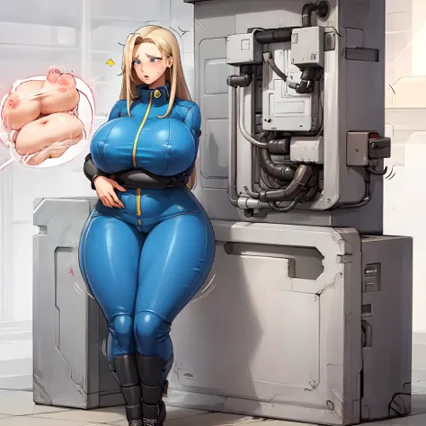 Vault-girl, vault 111 jumpsuit, 1girl, bursting breasts, breast expansion, massive heavy breasts, crossed arms, vibrant blue eyes, blushing, long blonde hair, hips expansion, ass expansion, weight gain, shes stress eating, shes worried about how large her ...