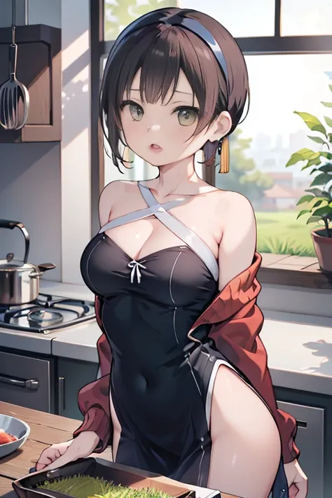 masterpiece, yor, 1girl, Bust A Cup, Amazing Cleavage:1.1, thin waist, big ass, Raised sexy, small breast: 1.1 posed cleavage:1.2、solo, looking at viewer, open mouth, have a cute grass of cute beergrass,black hair, dark green eyes, dress, bare shoulders, j...