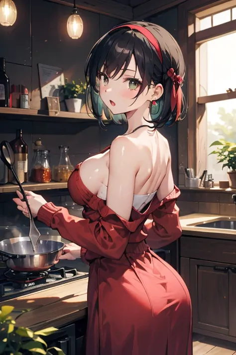 masterpiece, yor, 1girl, Bust A Cup, Amazing Cleavage:1.1, thin waist, big ass, Raised sexy, small breast: 1.1 posed cleavage:1.2、solo, looking at viewer, open mouth, have a cute grass of cute beergrass,black hair, dark green eyes, dress, bare shoulders, j...