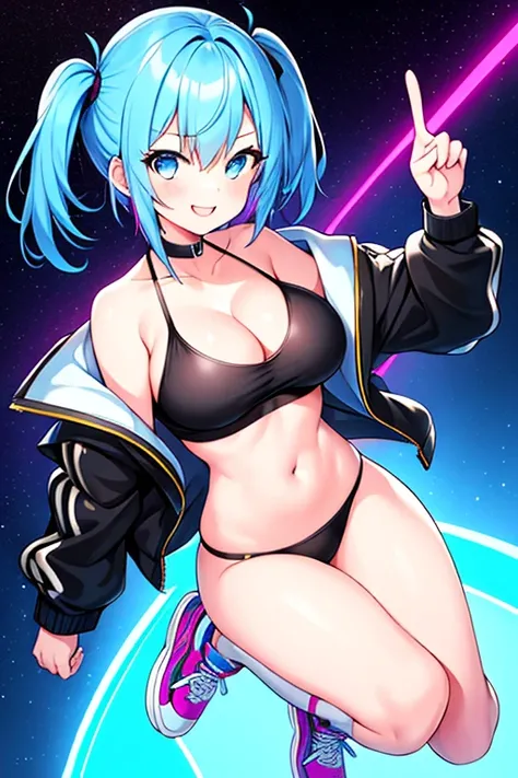 1girl, large breasts, sneakers, shoes, thighhighs, black jacket, jacket, black bikini, bikini, sky blue hair, light blue hair, blue hair, very short hair, pixie cut, blue eyes, light smile, peace sign, double peace, v, double v, neon trim, neon, neon light...