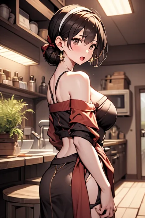 masterpiece, yor, 1girl, Bust A Cup, Amazing Cleavage:1.1, thin waist, big ass, Raised sexy, small breast: 1.1 posed cleavage:1.2、solo, looking at viewer, open mouth, have a cute grass of cute beergrass,black hair, dark green eyes, dress, bare shoulders, j...