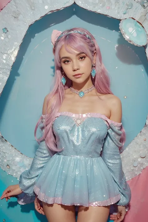 Surrounded by the Moon beams)) in side a Crater ((Eyes open)) wearing a pink off shoulder dress witpink leather detached sleeves covered in small cresent moon-shape crystals. ((Is a girl with long teal pink and blue  mix hair and white oyster diamond cover...