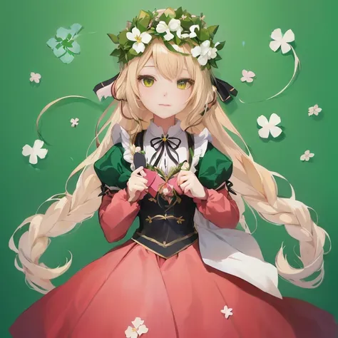 anime girl with long blonde hair wearing a green dress and a flower crown, cute anime waifu in a nice dress,  in dress, elf girl wearing an flower suit, sakura petals around her, shikamimi, lolish, cute anime girl, zerochan art, cute anime girl portraits, ...