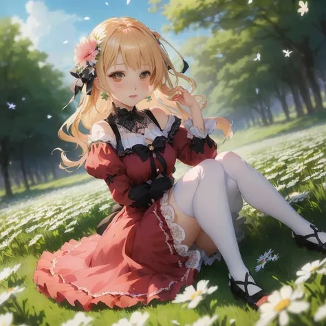 anime girl sitting in a field of daisies with a flower in her hair,  in dress, cute anime waifu in a nice dress, cushart krenz key art feminine, rin, splash art anime , smooth anime cg art, anime visual of a cute girl, beautiful anime girl, portrait of lol...