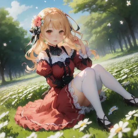 anime girl sitting in a field of daisies with a flower in her hair,  in dress, cute anime waifu in a nice dress, cushart krenz key art feminine, rin, splash art anime , smooth anime cg art, anime visual of a cute girl, beautiful anime girl, portrait of lol...