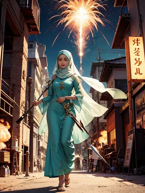 RAW, Best quality, high resolution, masterpiece: 1.3), beautiful Malay woman in hijab (iu:0.8)1beautiful Malay woman wearing baju kurung and hijab, flowing shawl,weapon in hand, sci-fi, explosions behind, movie poster,super realistic