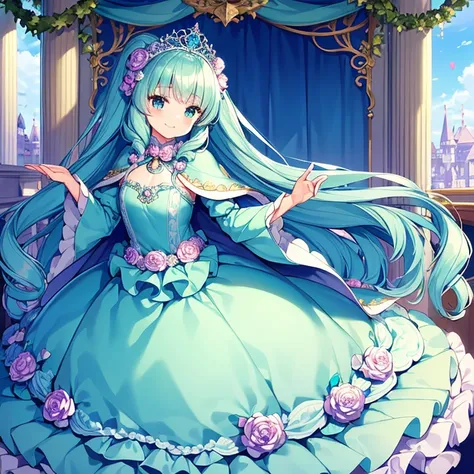 (kawaii),(best quality),(ultra detailed), upper body,(rococo style),(long train mint blue cape:1.05), very long cape,(long train mint blue ball gown with flower decorations:1.05), a girl is wearing a cape over her gown, 1 princess, tiara, smile, small brea...