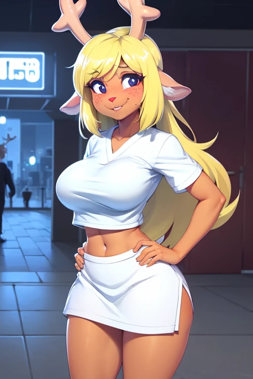 (noelle, furry female anthro, blonde hair, deer girl, red deer nose, white eyes, white pupils, white nurse outfit, big breasts, midriff), blushing, hands on hips, wide hips, green neon city, smiling