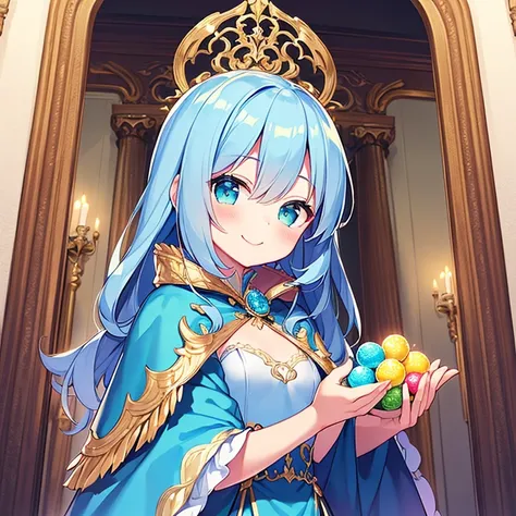 (kawaii),(best quality),(ultra detailed), upper body,(rococo style),(long train mint blue cape:1.05), very long cape,(long train mint blue ball gown with flower decorations:1.05), a girl is wearing a cape over her gown, 1 princess, tiara, smile, small brea...