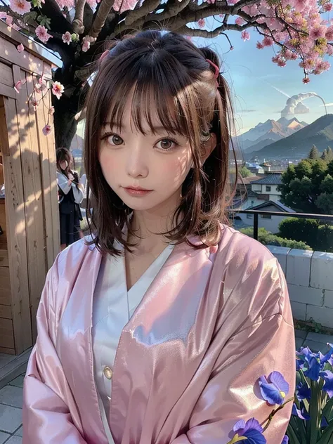 (highest quality, masterpiece),(One girl, Shrine maiden, coat, expression, Iris, Look ahead ,Brown Hair, walk, Upper Body), (Night maze sky, Huge old tree behind, Shiny pink petals fall behind, The shrine behind, Mountain Background, Blowing Wind, meteor c...