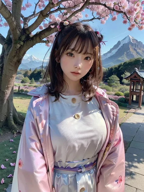 (highest quality, masterpiece),(One girl, Shrine maiden, coat, expression, Iris, Look ahead ,Brown Hair, walk, Upper Body), (Night maze sky, Huge old tree behind, Shiny pink petals fall behind, The shrine behind, Mountain Background, Blowing Wind, meteor c...