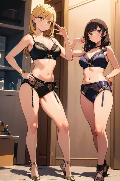 Two Girls, (masterpiece:1.8),(highest quality:1.8),(Very detailed:1.8),(8k:1.8),(Ultra-fine Illustration:1.5),Random hairstyle,Flat Chest,Small Ass,(Luxury Metallic Yellow,,Lace Lingerie:1.4),(Pose with a smile:1.5),,(Full body angle),, 