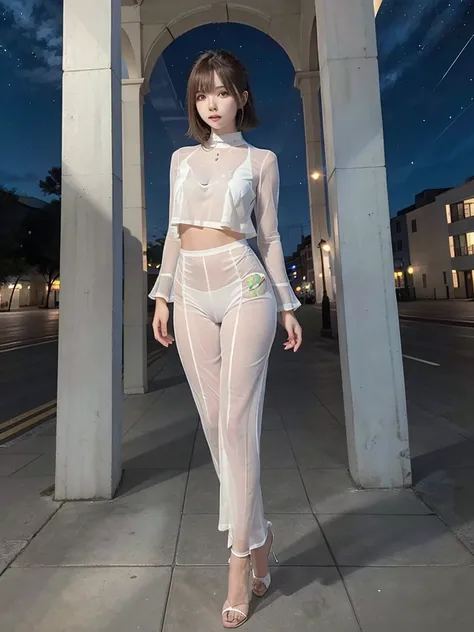 masterpiece, Beautiful urban female model, Full body white transparent clothing standing under the stars at night in the sky, Disappearing Transparent Pants, Full body standing, Tall figures, Thin legs, Facial details, Body parts details, 8k wallpaper