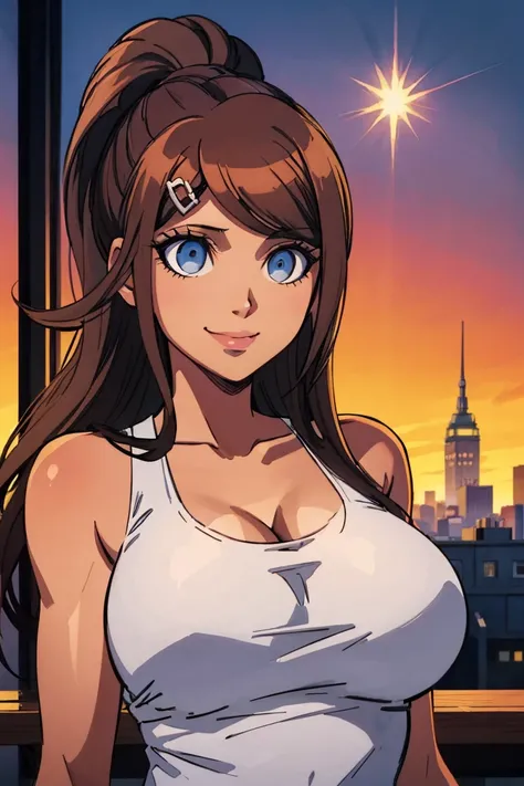 Aoi Asahina, white tanktop, dark brown hair, mid long hair, blue eyes, young adult, 30 years old, beautiful face, light smile, city backround